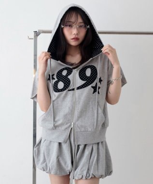 WEGO グラフィック半袖ZIPパーカー 杢グレー