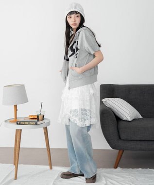 WEGO グラフィック半袖ZIPパーカー 杢グレー