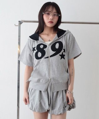 WEGO グラフィック半袖ZIPパーカー 杢グレー