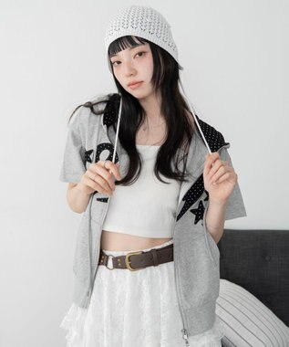 WEGO グラフィック半袖ZIPパーカー 杢グレー
