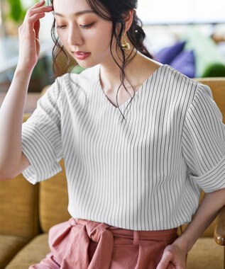 Tiaclasse L 【洗える】ゆったりシルエットの幅広カフスブラウス オフストライプ