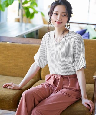 Tiaclasse L 【洗える】ゆったりシルエットの幅広カフスブラウス オフストライプ