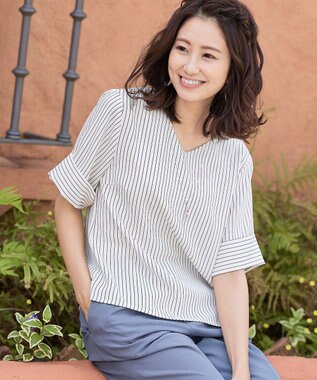 Tiaclasse L 【洗える】ゆったりシルエットの幅広カフスブラウス オフストライプ