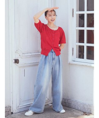 earth music&ecology リボン柄透かし編みニットカーディガン Red