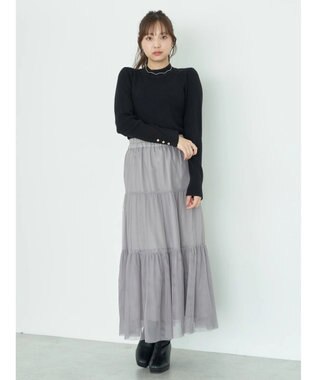 earth music&ecology ゴールド釦スリーブリブプルオーバー Black