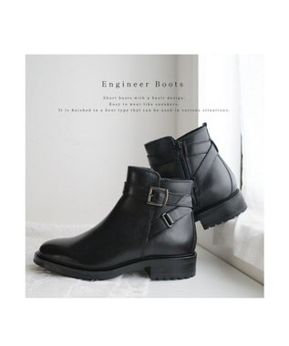 Pointer 本革ベルト付きエンジニアショートブーツ ブラック