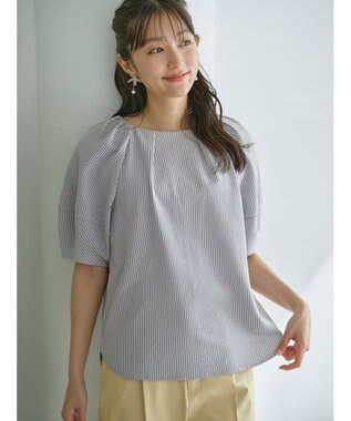 ANY SIS L 【洗える】ランタンスリーブサッカー ブラウス ブルーストライプ