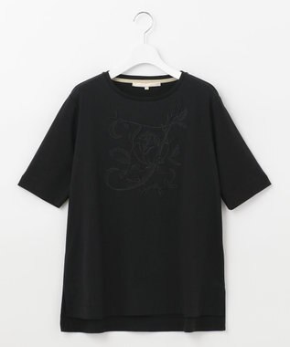 自由区 【洗える】エンブロイダリー フロントデザイン Tシャツ ブラック系