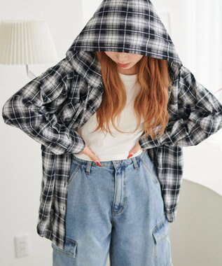 WEGO フードチェックBIGシャツ ブラック