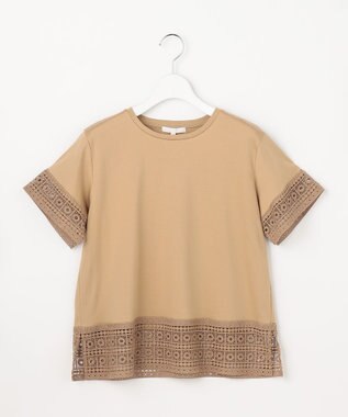 自由区 ナチュラルコットンハイゲージレースドッキング Tシャツ テラコッタブラウン