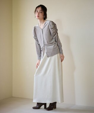 #Newans 【洗濯機可／ 前後着用可】 ギャザースリーブシアーベロアカーディガン ライトグレー