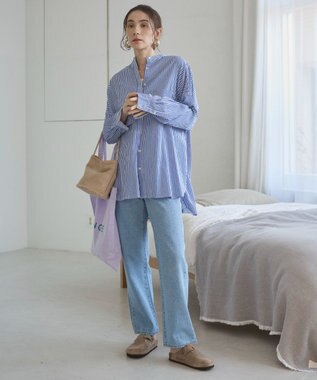 WEGO 着丈が選べる オーバーサイズ バンドカラー シャツ / ストライプ / 無地 ブルーストライプ