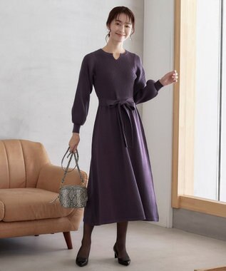  【洗える】パフ袖ニットワンピース