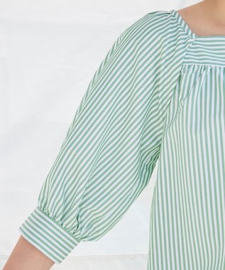 Tiaclasse L 【洗える】ストライプパフスリーブブラウス グリーン