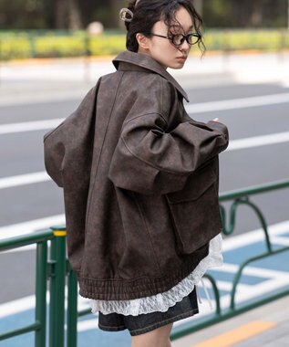 WEGO 【25年秋冬新作/ユニセックス着用ITEM/SMLサイズ展開】PUダブルZIPフライトブルゾン ブラウンその他