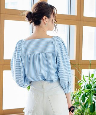 Tiaclasse L 【洗える】ストライプパフスリーブブラウス サックス