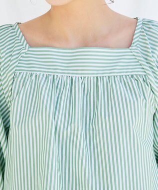 Tiaclasse L 【洗える】ストライプパフスリーブブラウス グリーン