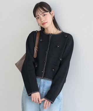 earth music&ecology フラワーモチーフニットカーディガン Black