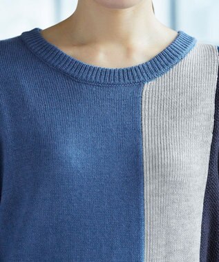 Tiaclasse 【洗える】配色ニットチュニック ブルー