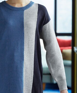 Tiaclasse 【洗える】配色ニットチュニック ブルー