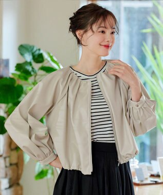 Tiaclasse 【洗える】ソフトフェイクレザージップブルゾン ライトベージュ