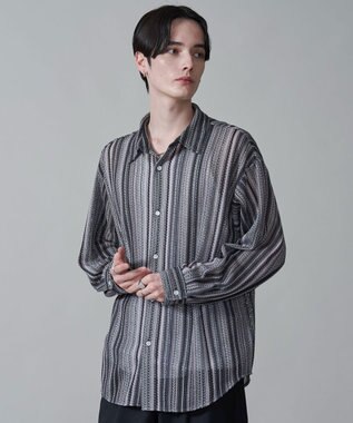 WEGO ストライプメッシュBIGシャツ（LS） グレー