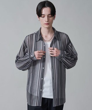 WEGO ストライプメッシュBIGシャツ（LS） グレー