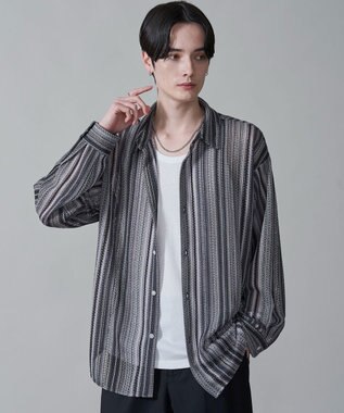 WEGO ストライプメッシュBIGシャツ（LS） グレー