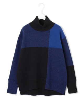 ICB 【洗える】ソフトカシミヤミックス ブロッキングハイネックニット ブルー柄系