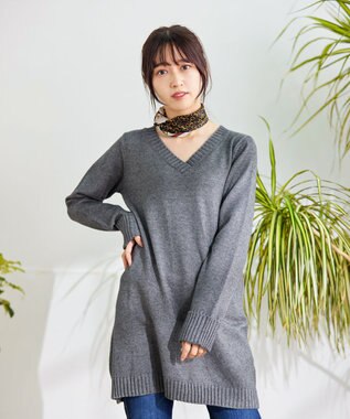 Tiaclasse 【洗える】Vネックリブニットチュニック グレー