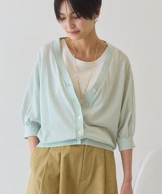 AMERICAN HOLIC 5分袖シアーVネックニットカーディガン Sax