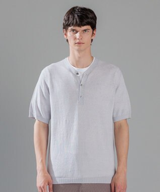 JOSEPH HOMME リネンナイロンプレーン　半袖ヘンリーネックニット ライトグレー系