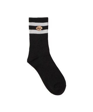 WEGO ラインモコイヌ刺繍クルーソックス ブラック