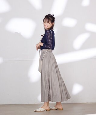 Tiaclasse L 【洗える】ギャザーネックレースブラウス ネイビー