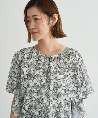 YECCA VECCA ラインフルーツ柄ラッフルブラウス Black