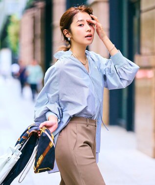 UNFILO ギャザーオーバーブラウス モノトーンストライプ