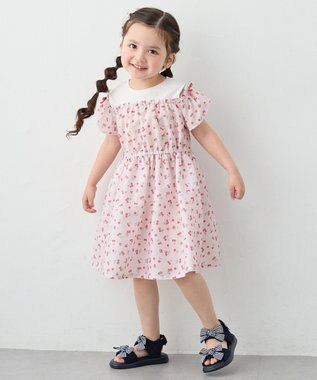 ANY KIDS 【洗濯機可能】オンオフショルダーワンピース ピンク×フルーツ