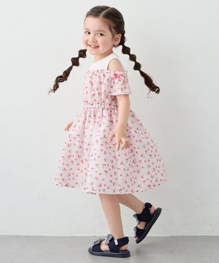 ANY KIDS 【洗濯機可能】オンオフショルダーワンピース ピンク×フルーツ