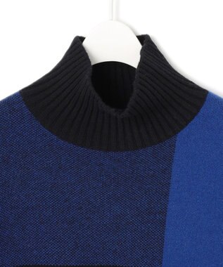 ICB 【洗える】ソフトカシミヤミックス ブロッキングハイネックニット ブルー柄系