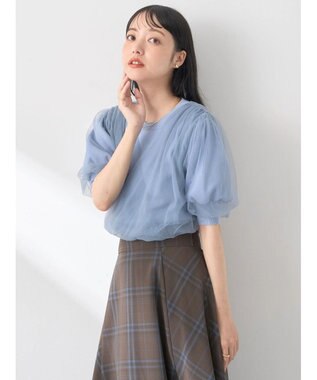 earth music&ecology チュールドッキング半袖ニットプルオーバー Blue