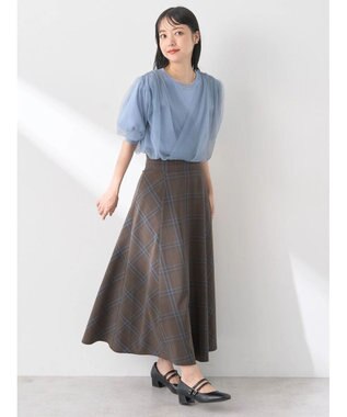 earth music&ecology チュールドッキング半袖ニットプルオーバー Blue