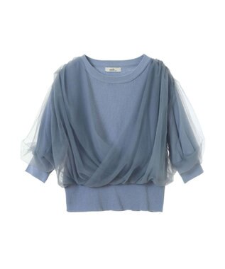 earth music&ecology チュールドッキング半袖ニットプルオーバー Blue