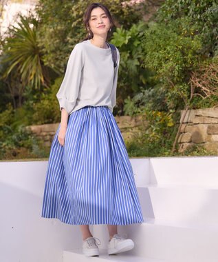 ANY 【ウエストゴム】タックギャザースカート ブルーストライプ