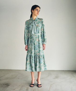 GRACE CONTINENTAL フラワー刺繍ボウタイワンピース ブルー