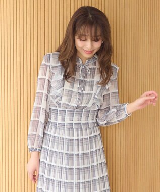 Feroux 【洗える】プリーツ ワンピース ネイビー系（チェック柄）