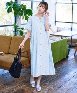 Tiaclasse 【洗える】サイドタックスキッパーシャツワンピース サックス