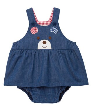 MIKI HOUSE HOT BISCUITS 【70-90cm】 顔ドン スカート付きデニムロンパース 紺