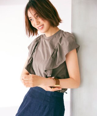 UNFILO 【吸水速乾/マシンウォッシャブル】フリルスリーブ Tシャツ ダークブラウン系