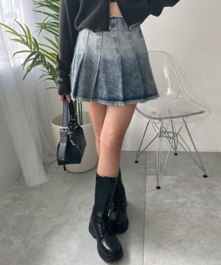 WEGO ヴィンテージウォッシュプリーツスカパン デニム中濃加工色