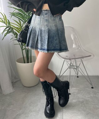 WEGO ヴィンテージウォッシュプリーツスカパン デニム中濃加工色